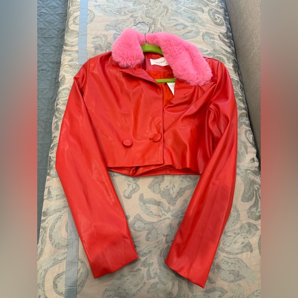 Cropped Red/Orange Leather Jacket with Pink Fur Collar - Picture 1 of 5